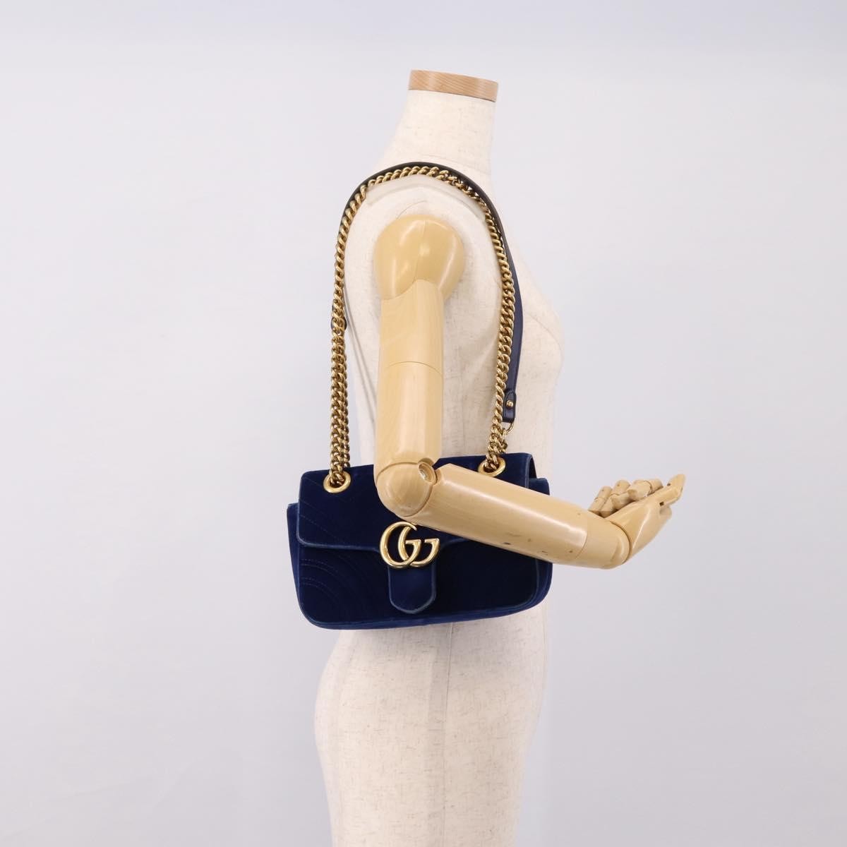 Gucci GG Marmont Matelassé Velvet, Blue, Velvet, Shoulder Bag