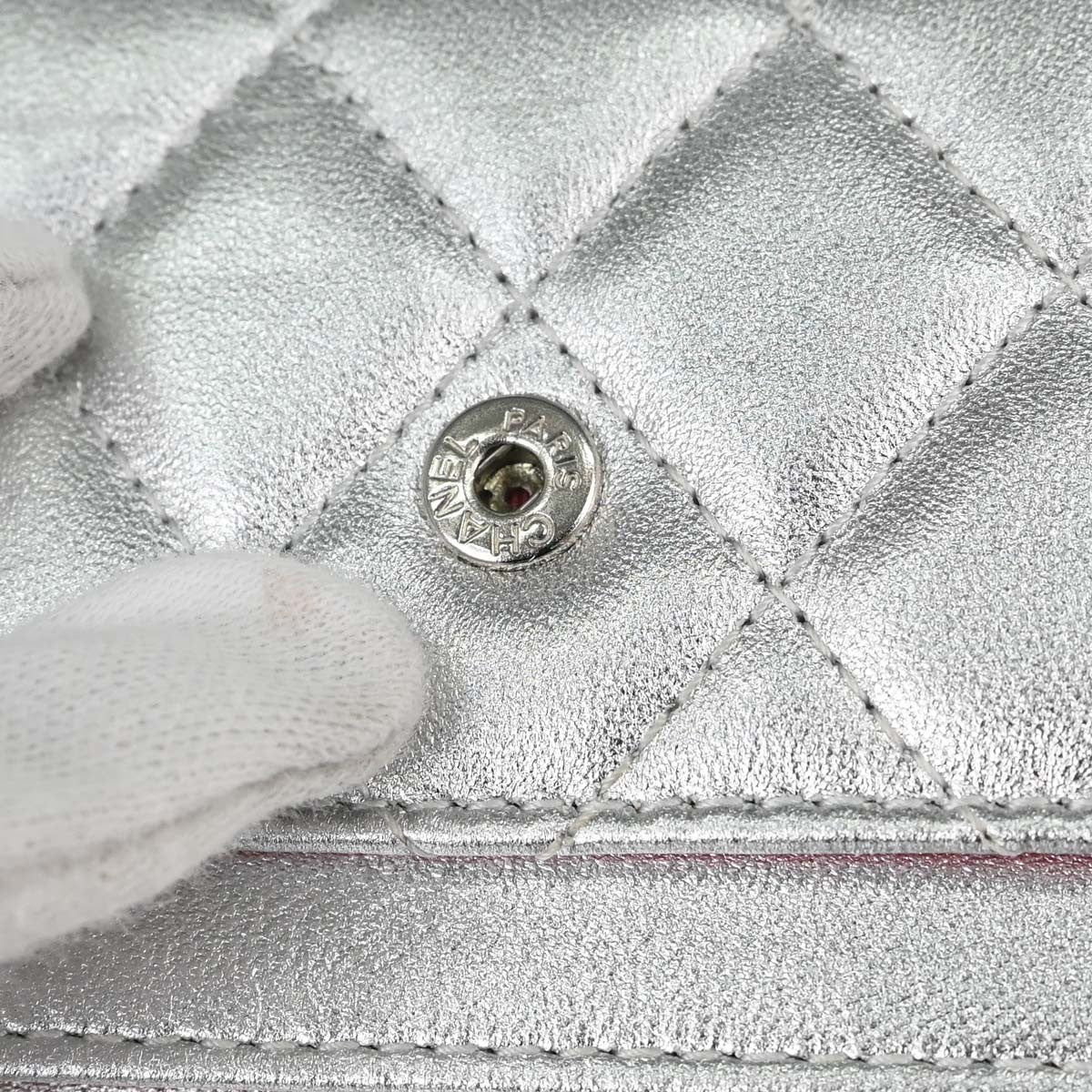 Chanel CC Flap Card Case Quilted Lambskin, Silver, Leather, Card Holder