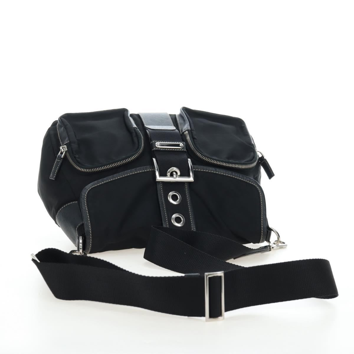 Prada Double Pocket Buckle Flap Tessuto and Leather, Black, Nylon, Handbag