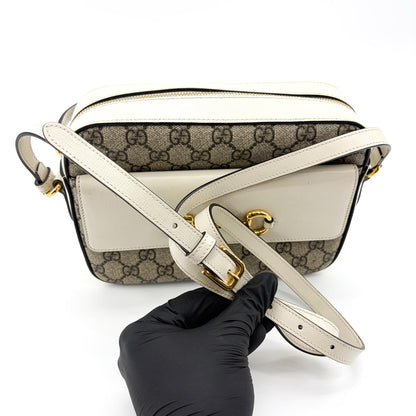 Gucci Horsebit 1955 Flap Pocket Camera GG Coated Canvas and Leather, Beige, Canvas, Handbag
