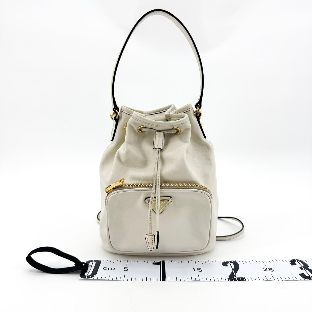 Prada Duet Drawstring Bucket Leather, White, Leather, Handbag