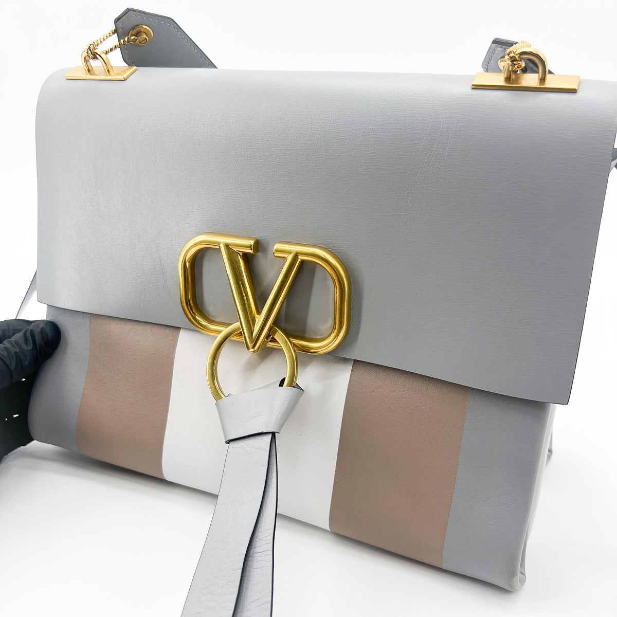 Valentino Garavani VRing Leather, Gray, Calfskin, Shoulder Bag