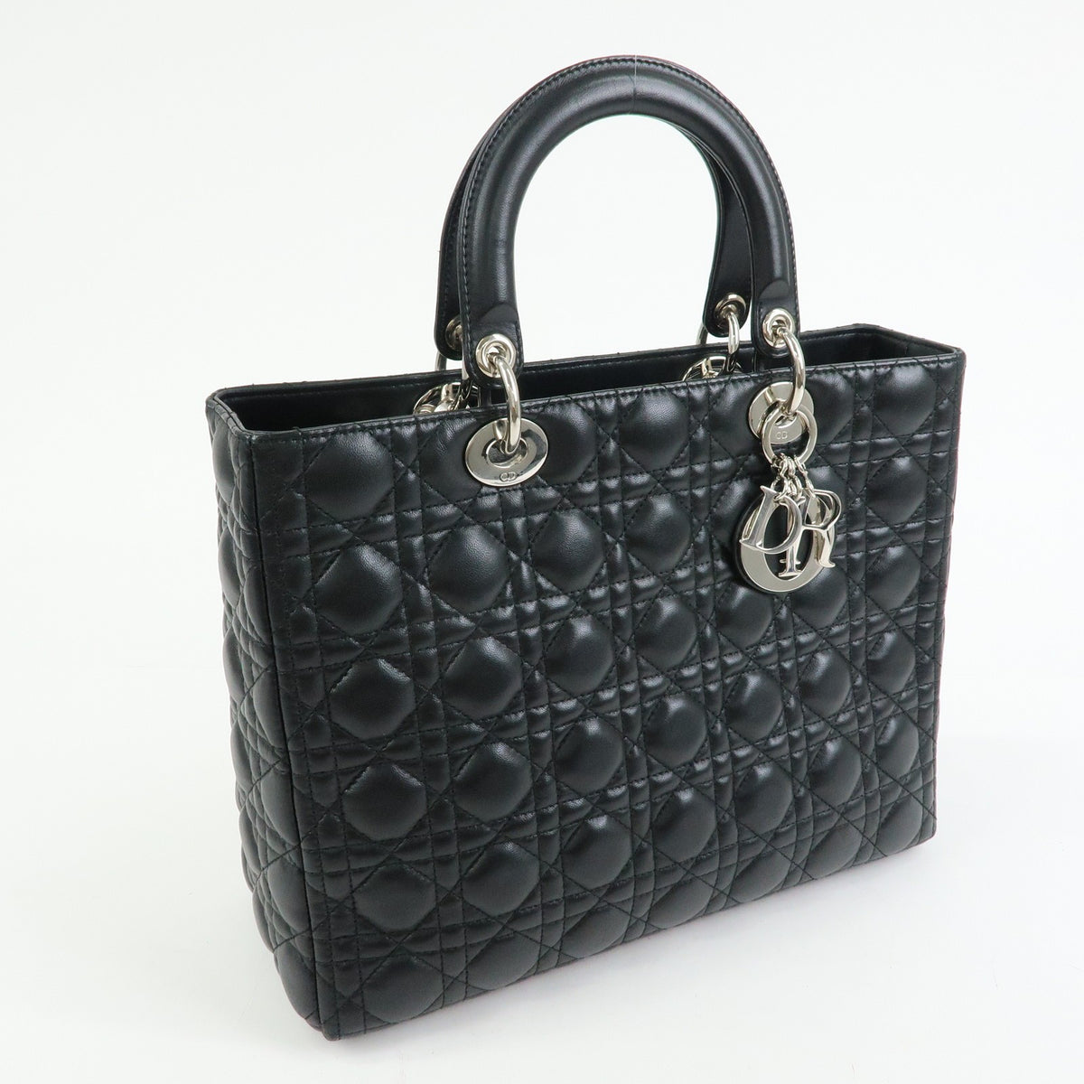 Christian Dior Lady Dior Cannage Quilt Lambskin, Black, Leather, Handbag