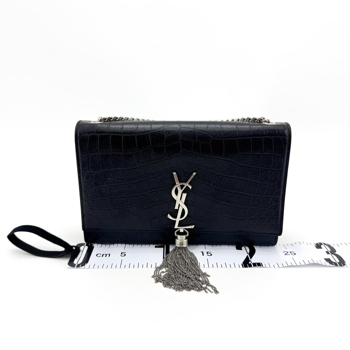 Saint Laurent Classic Monogram Tassel Crocodile Embossed Leather, Black, Leather, Crossbody Bag
