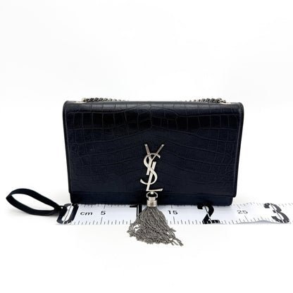 Saint Laurent Classic Monogram Tassel Crocodile Embossed Leather, Black, Leather, Crossbody Bag