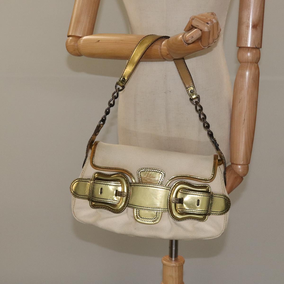 Fendi Chain Baguette Patent, Beige, Canvas, Shoulder Bag