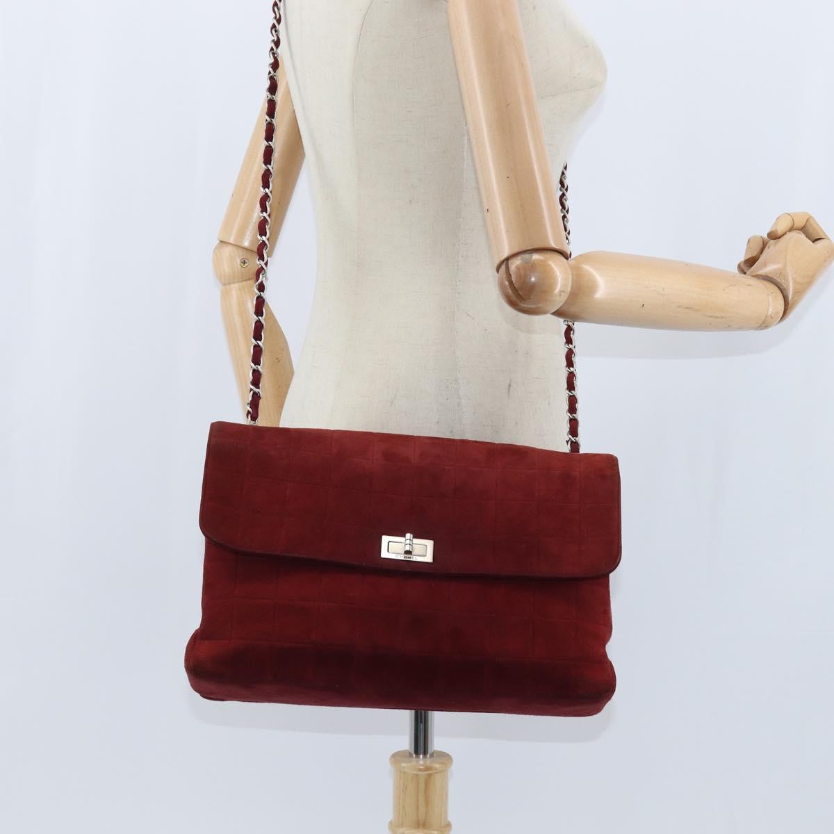 Chanel Chocolate Bar Flap Bag Quilted Satin, RED, SUEDE, Shoulder bag