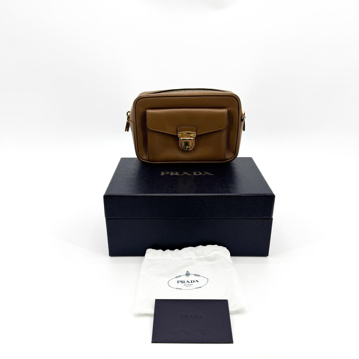 Prada Pushlock Pocket Camera Saffiano Leather, Brown, Leather, Handbag