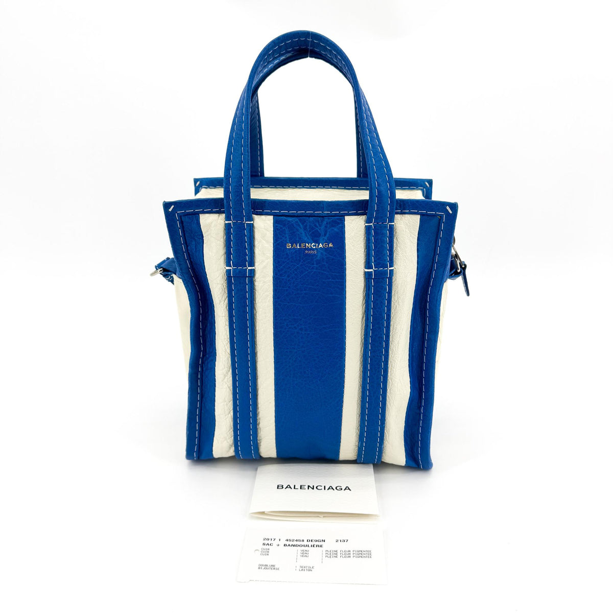 Balenciaga Bazar Striped Leather, Blue, Leather, Tote Bag