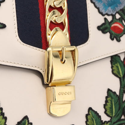 Gucci Sylvie Top Handle Embroidered Leather, White, Leather, Handbag