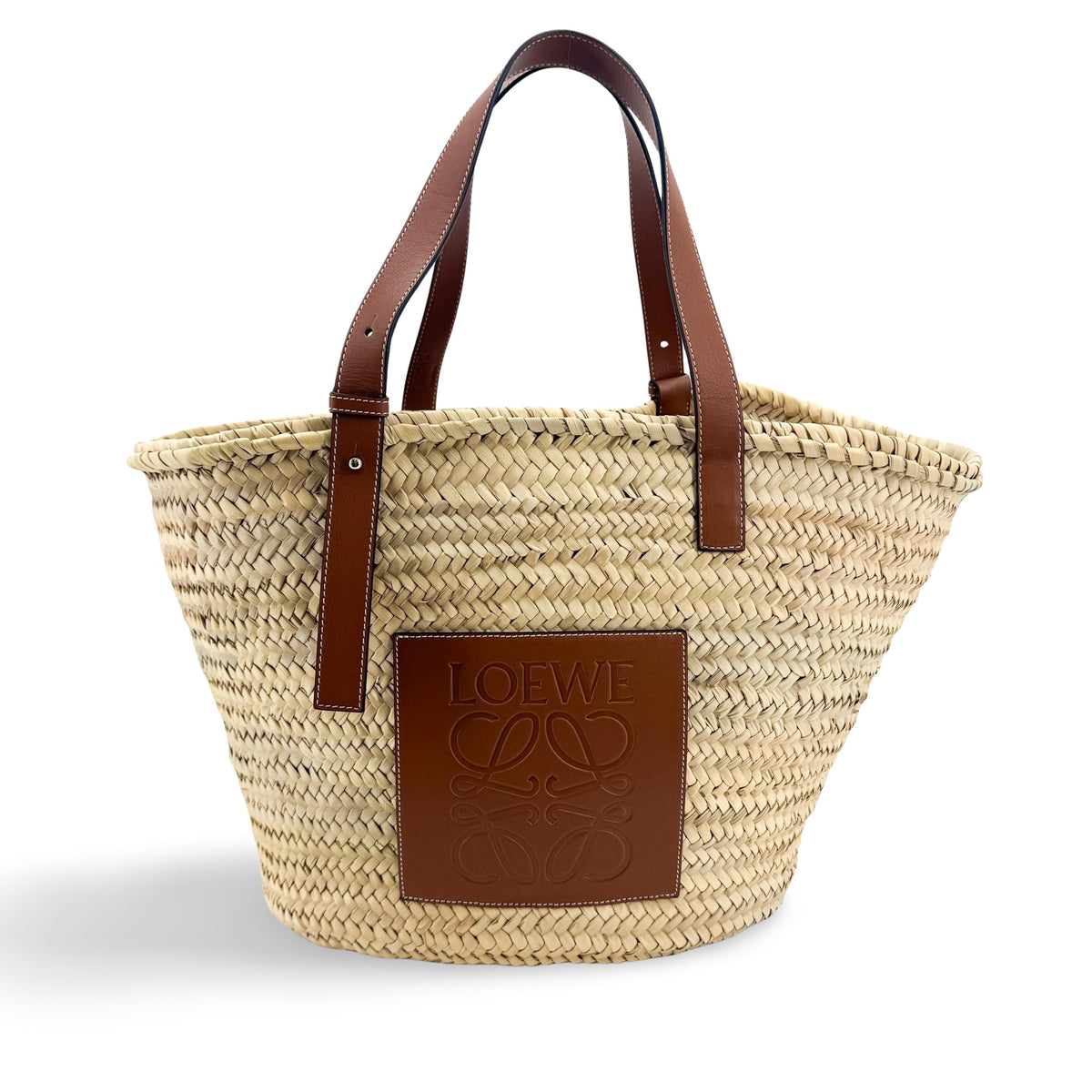 Loewe Elephant Basket Raffia, Brown, Leather, Tote Bag