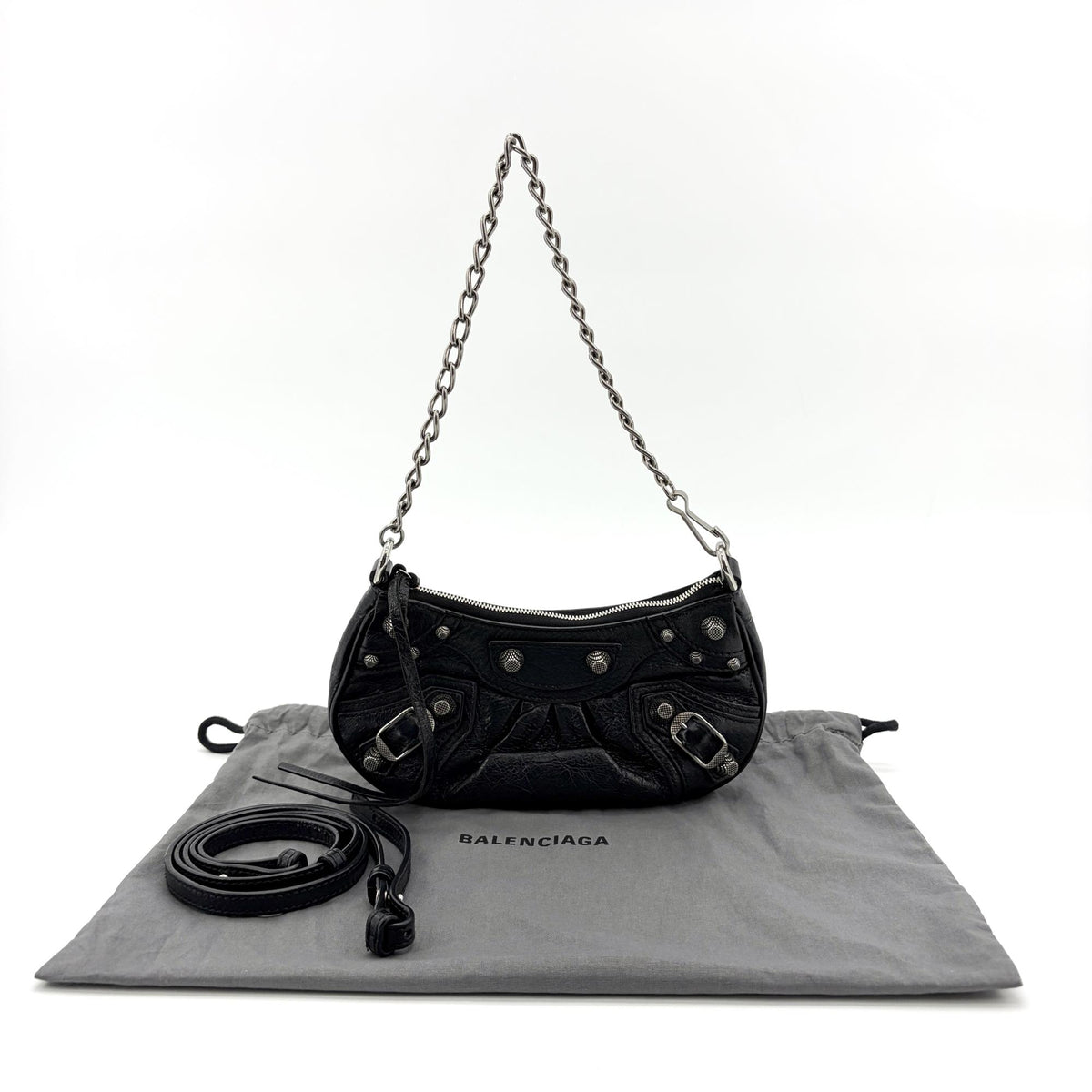 Balenciaga Le Cagole Giant Studs Chain Leather, Black, Leather, Shoulder Bag