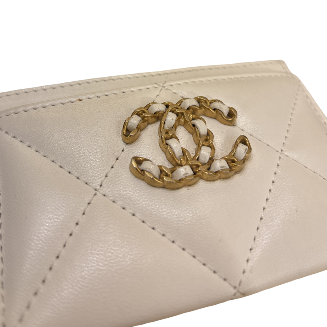 Chanel 19 Card Holder Quilted Iridescent Calfskin, White, Calfskin, Card Holder