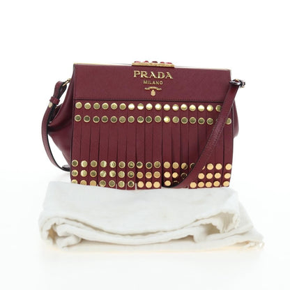 Prada Idol Studded Fringe Saffiano Leather, Burgundy, Leather, Shoulder Bag