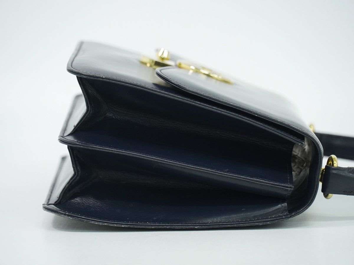 Gucci Vintage Top Handle Flap Leather with Chain Detail, Navy, Leather, Handbag