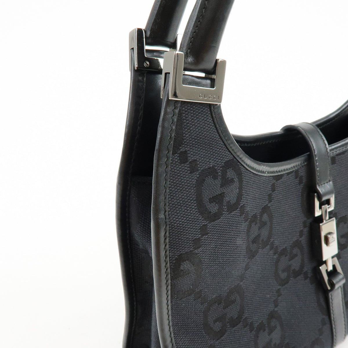 Gucci Piston Jackie O Hobo Leather, Black, Canvas, Handbag