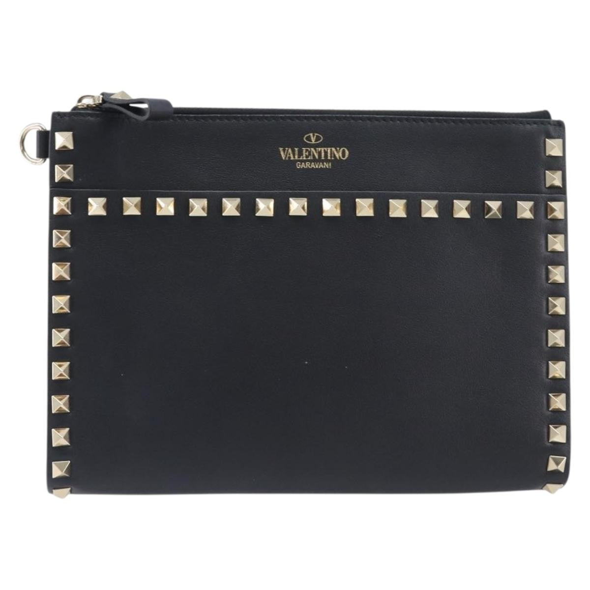 Valentino Garavani Rockstud Flat Wristlet Leather, Black, Leather, Clutch