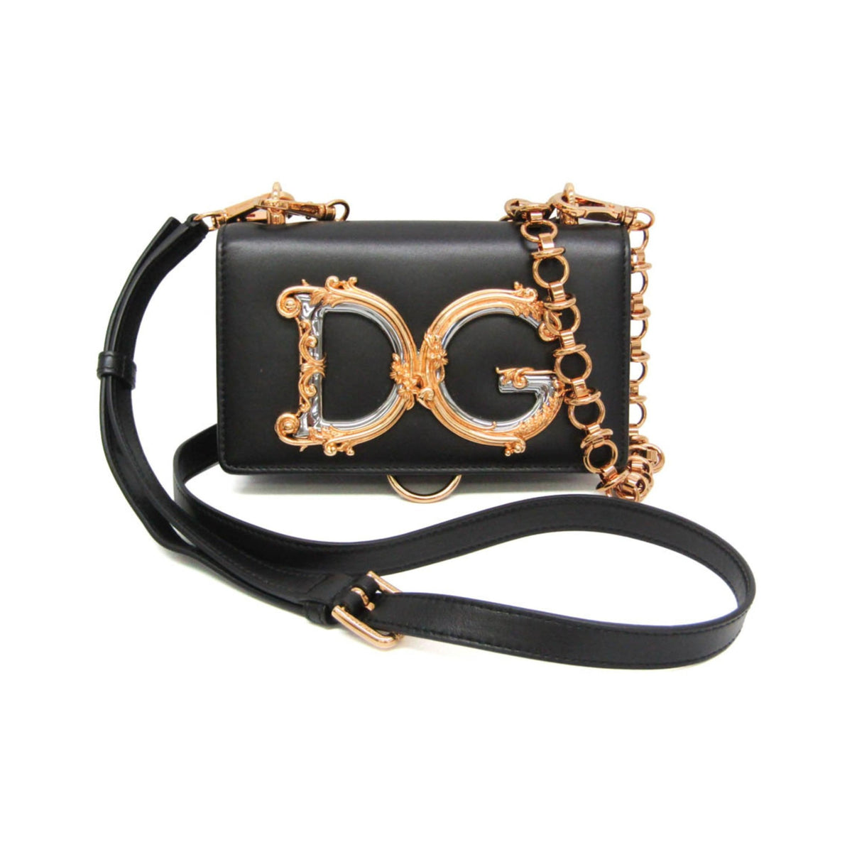 Dolce & Gabbana DG Girls Flap Embellished Printed Elaphe, Black, Leather, Handbag