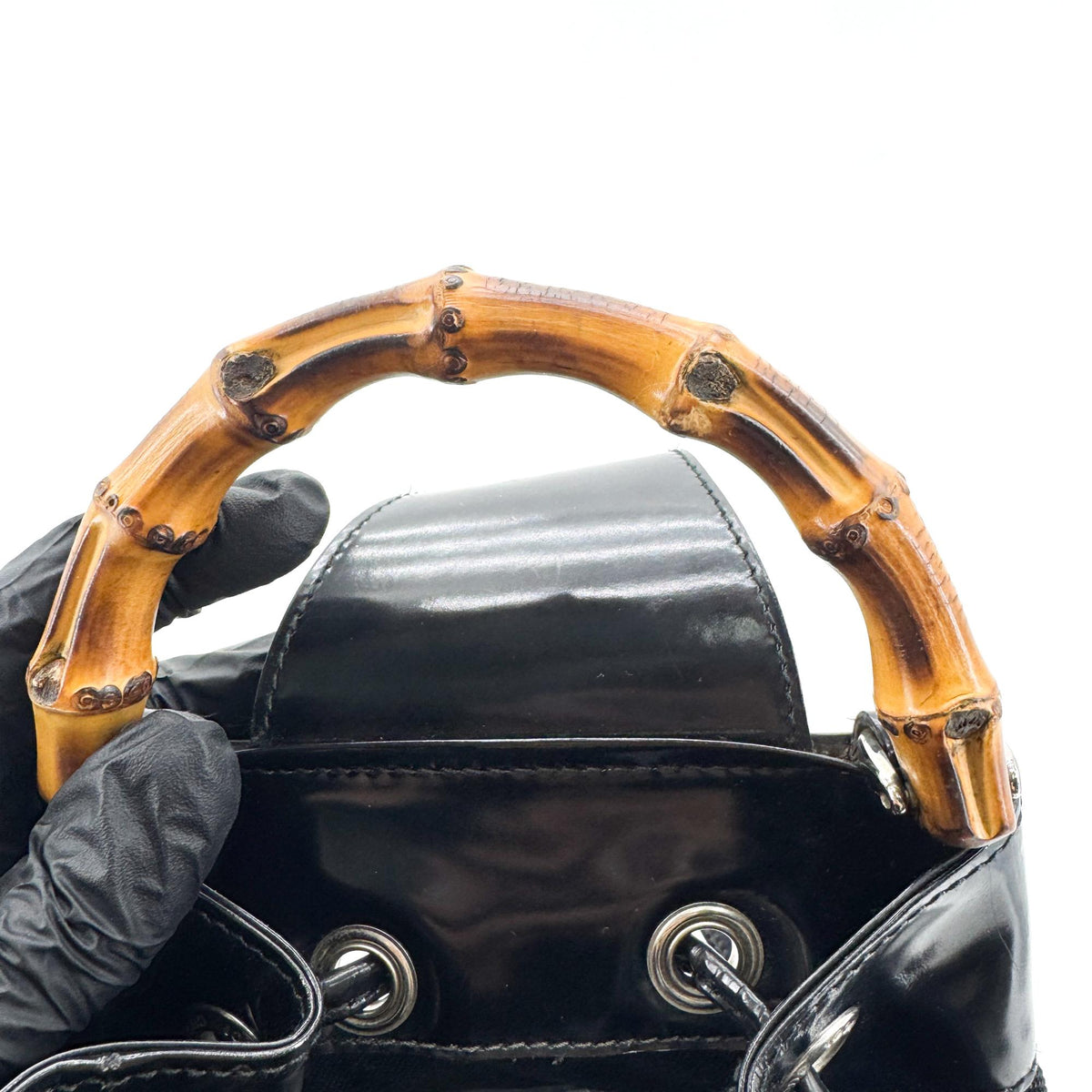 Gucci Vintage Bamboo Drawstring Suede and Leather, Black, Nylon, Backpack