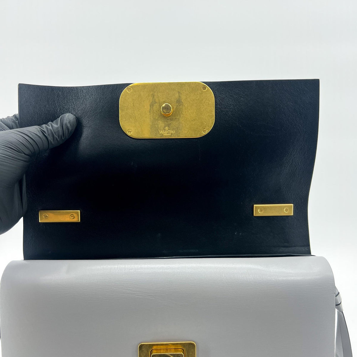 Valentino Garavani VRing Leather, Gray, Calfskin, Shoulder Bag