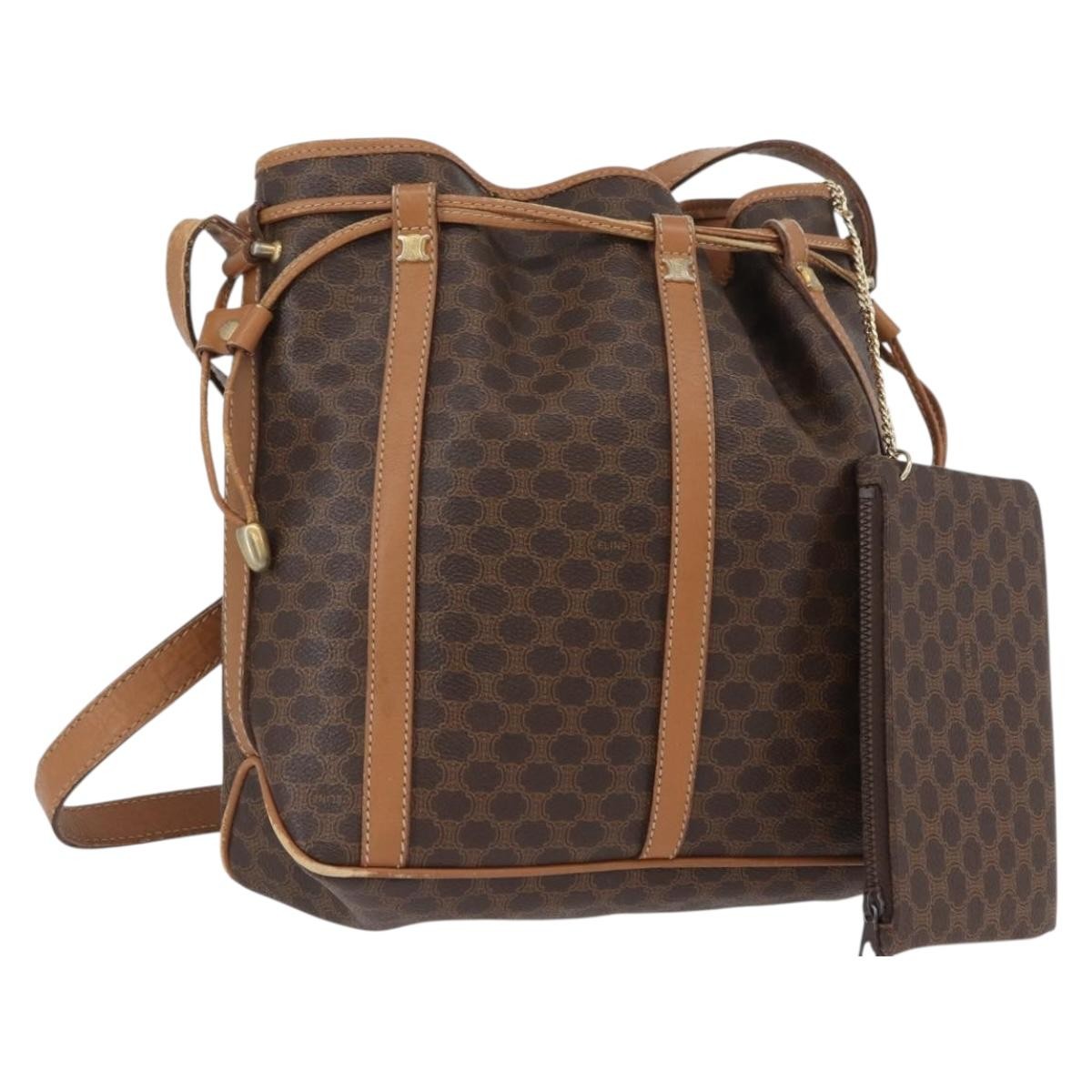 Celine Vintage Shoulder Bag Macadam Canvas & Leather, Brown, Canvas, Shoulder Bag