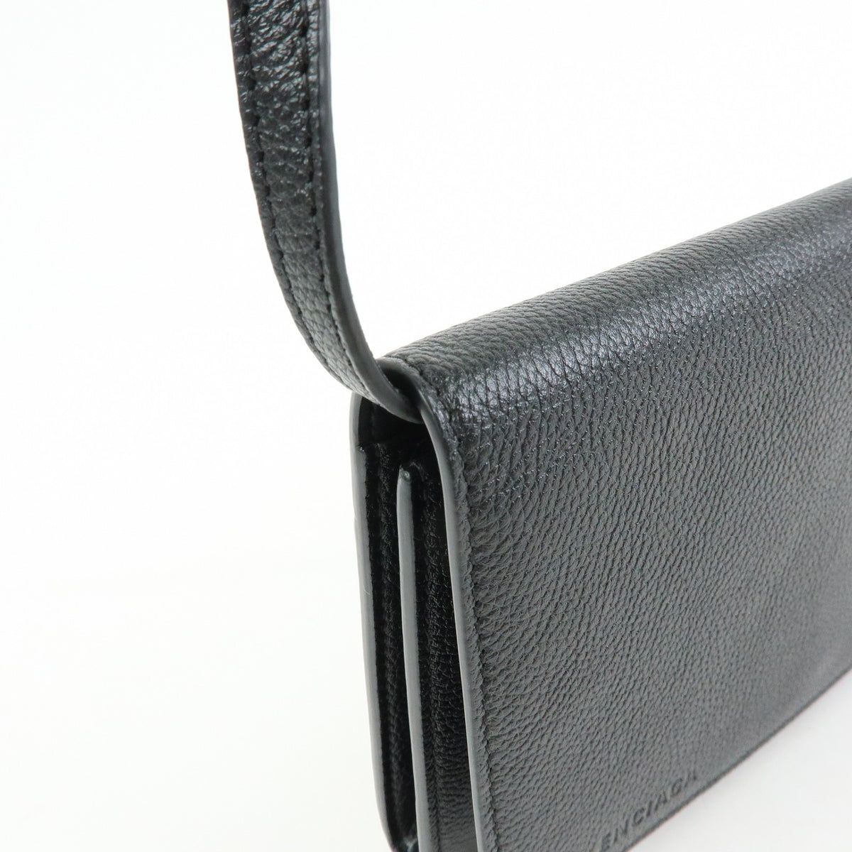 Balenciaga Logo Wallet with Strap Embossed Leather, Black, Leather, Crossbody Bag