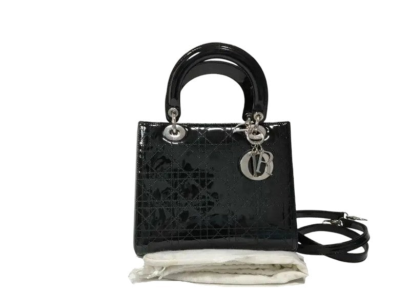Christian Dior Lady Dior Patent, Black, Patent Leather, Handbag