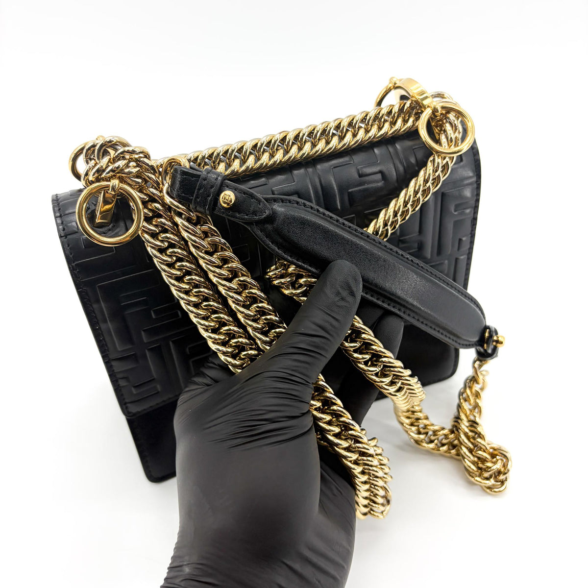 Fendi Kan I Zucca Embossed Leather, Black, Leather, Shoulder Bag