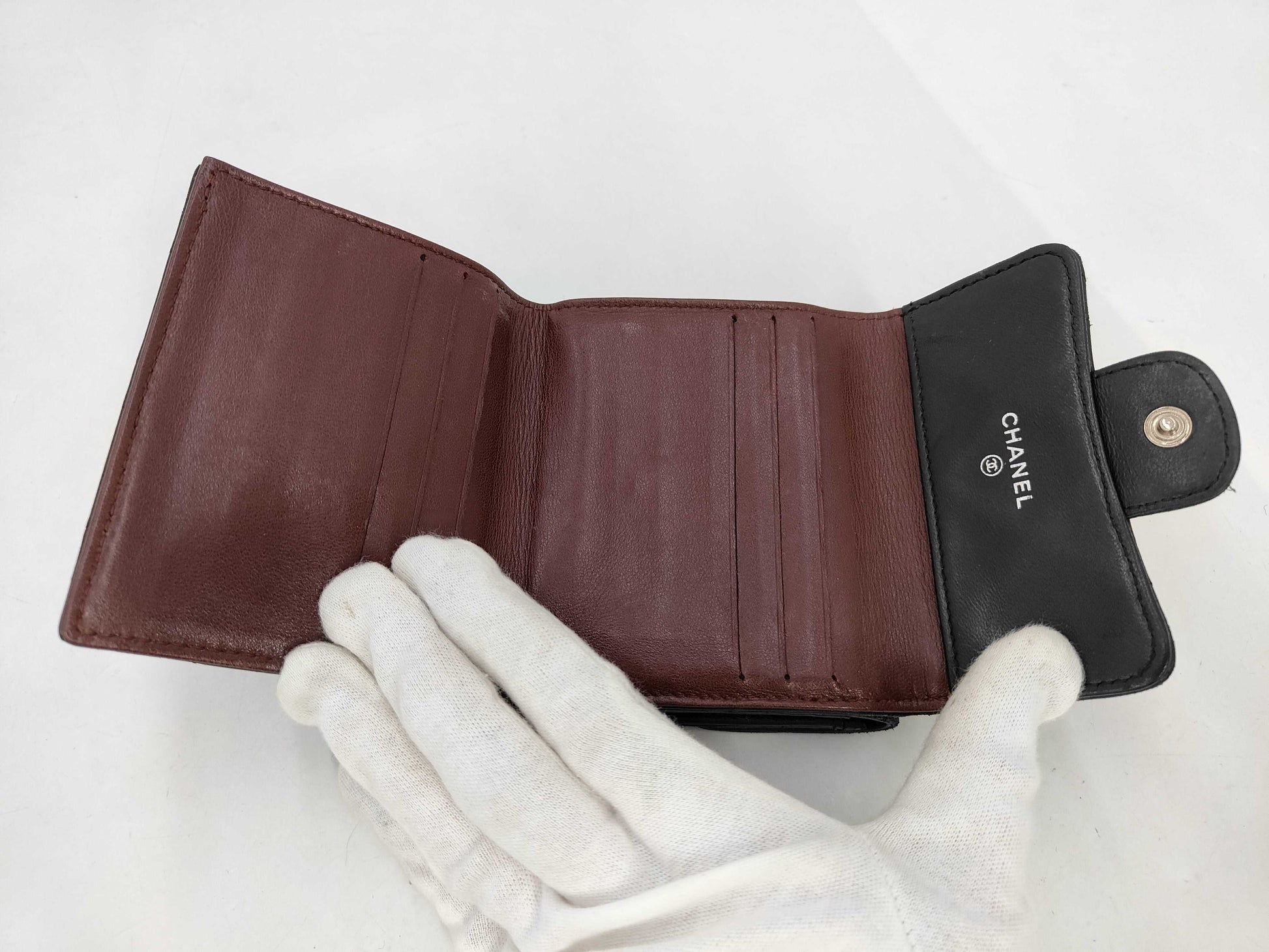 Chanel Trifold Flap Lambskin, Black, Leather, Wallet