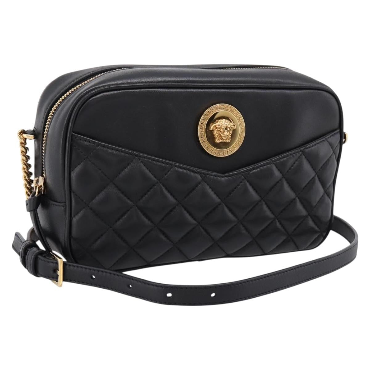 Versace Medusa Icon Front Slip Pocket Camera Quilted Leather, Black, Leather, Handbag
