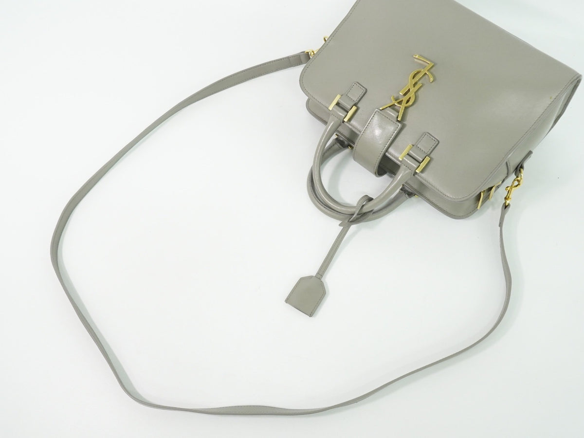 Saint Laurent Monogram Cabas Leather, Gray, Leather, Tote Bag