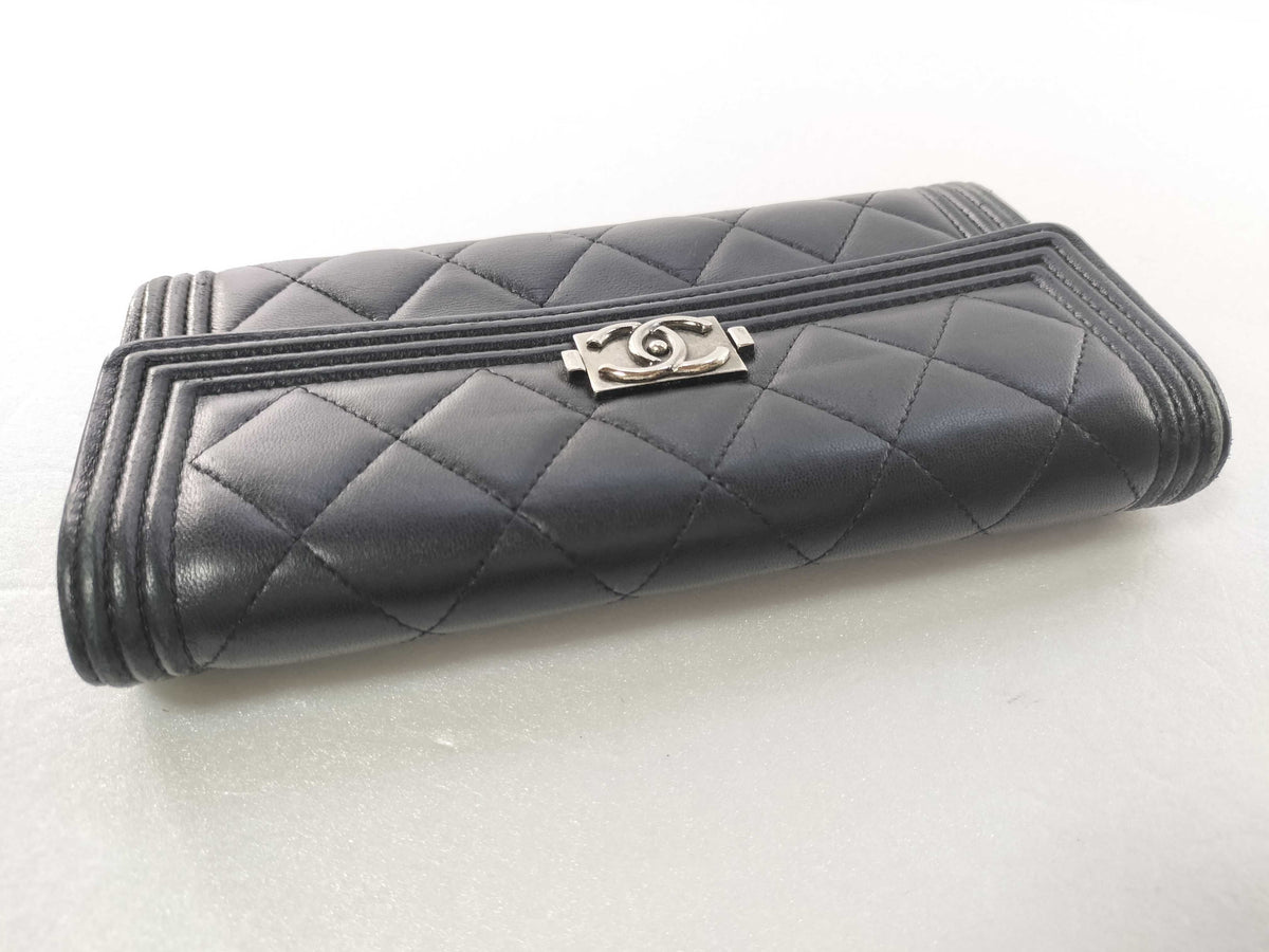Chanel Boy Flap Quilted Lambskin, Black, Leather, Wallet