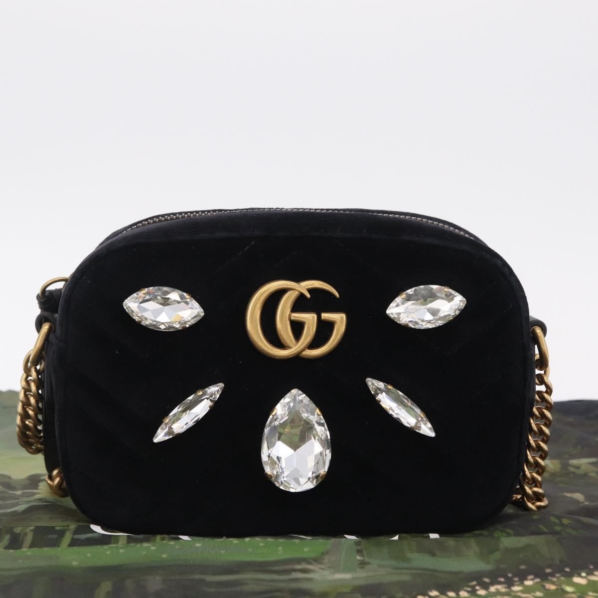 Gucci GG Marmont Crystal Embellished Matelasse Velvet, Black, Velvet, Shoulder Bag