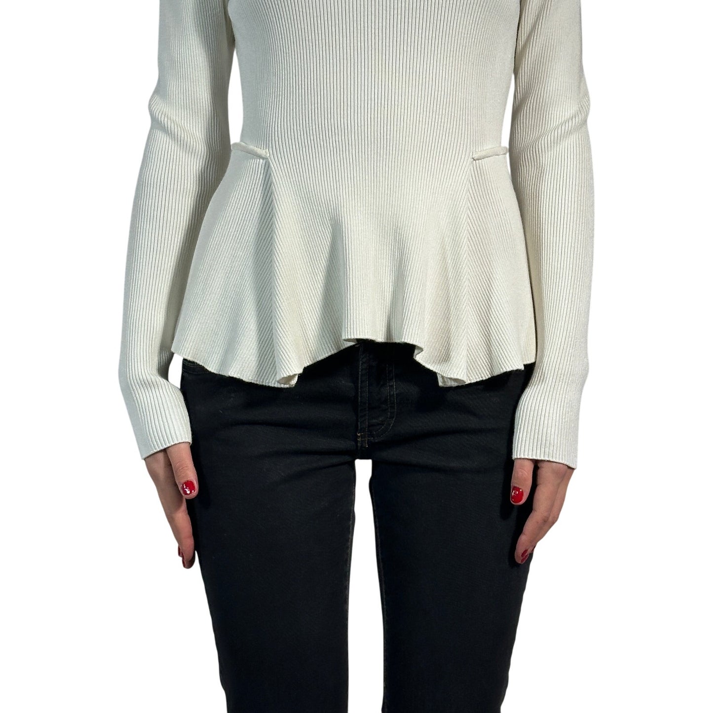 SPORTMAX Πλεκτό Πουλόβερ Peplum με Ριμπ Πλεχτό, Μονόχρωμο, Μακρυμάνικο, Γυναικείο, Λευκό M