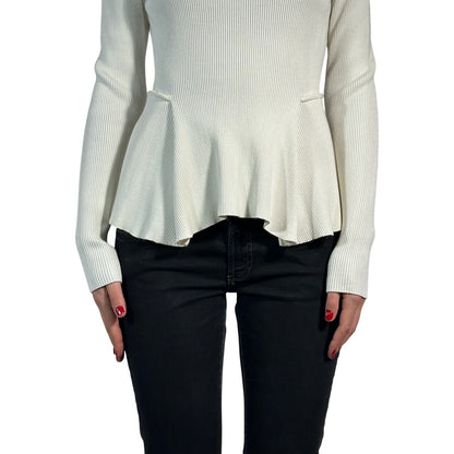 SPORTMAX Πλεκτό Πουλόβερ Peplum με Ριμπ Πλεχτό, Μονόχρωμο, Μακρυμάνικο, Γυναικείο, Λευκό M