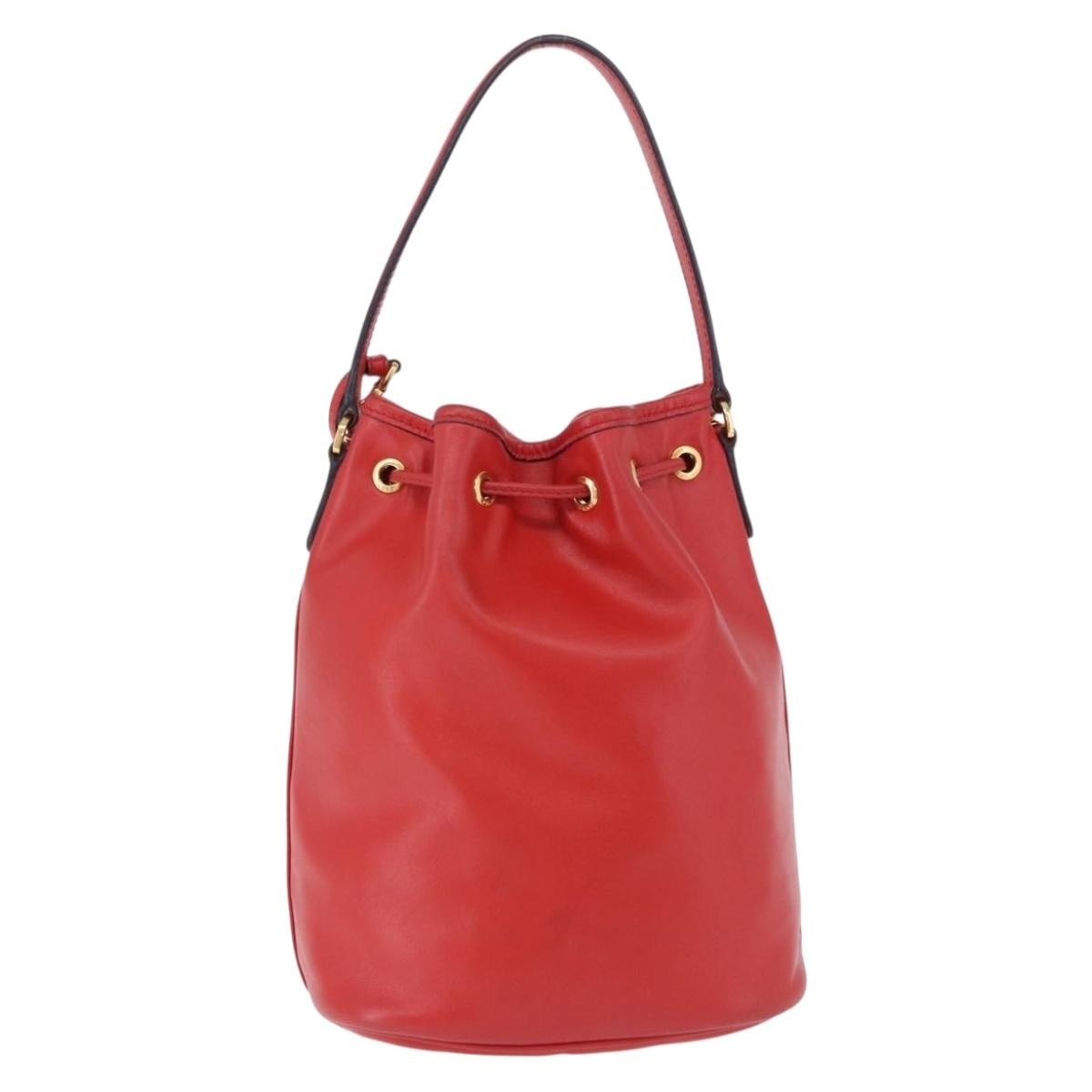 Prada Drawstring Pocket Bucket Soft Calf, Red, Leather, Shoulder Bag