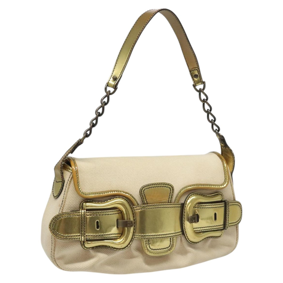 Fendi Chain Baguette Patent, Beige, Canvas, Shoulder Bag