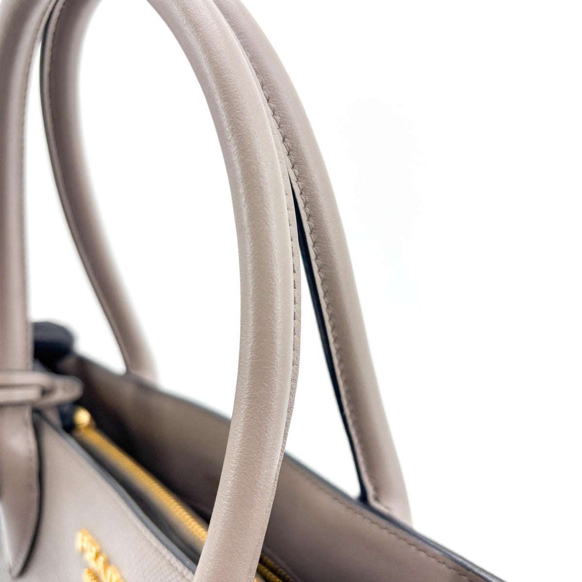 Prada Side Pleat Saffiano Leather, Gray, Leather, Tote Bag