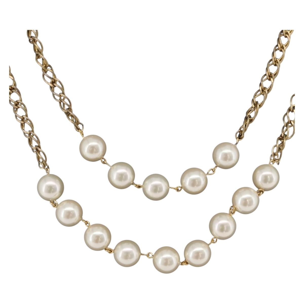Chanel Vintage Double Pearl Station Long Chain Metal and Faux Pearls, Gold, Gold Plated, Necklace