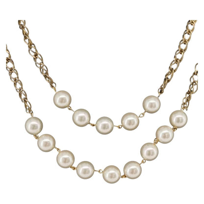 Chanel Vintage Double Pearl Station Long Chain Metal and Faux Pearls, Gold, Gold Plated, Necklace