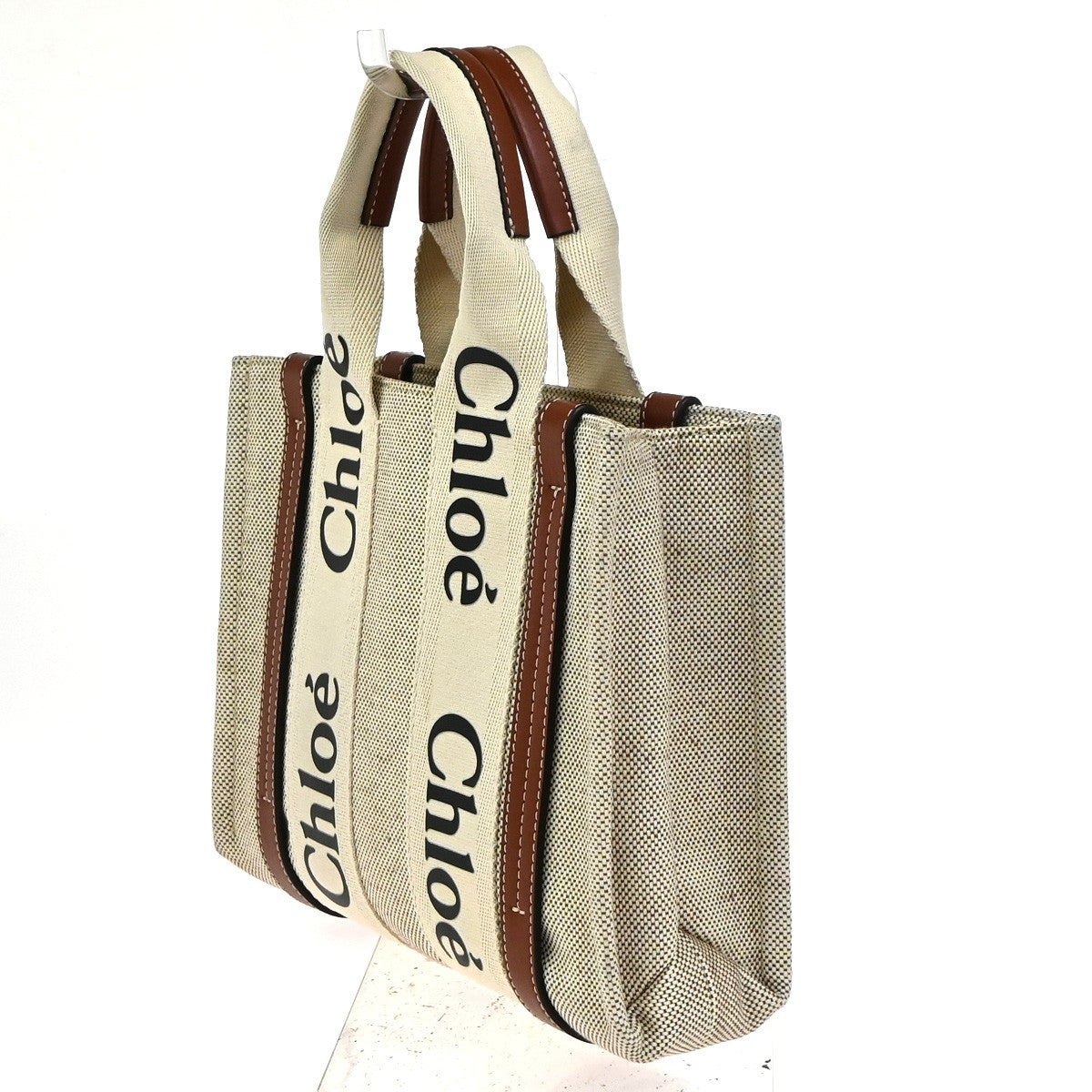 Chloe Woody Leather, Beige, Canvas, Tote Bag