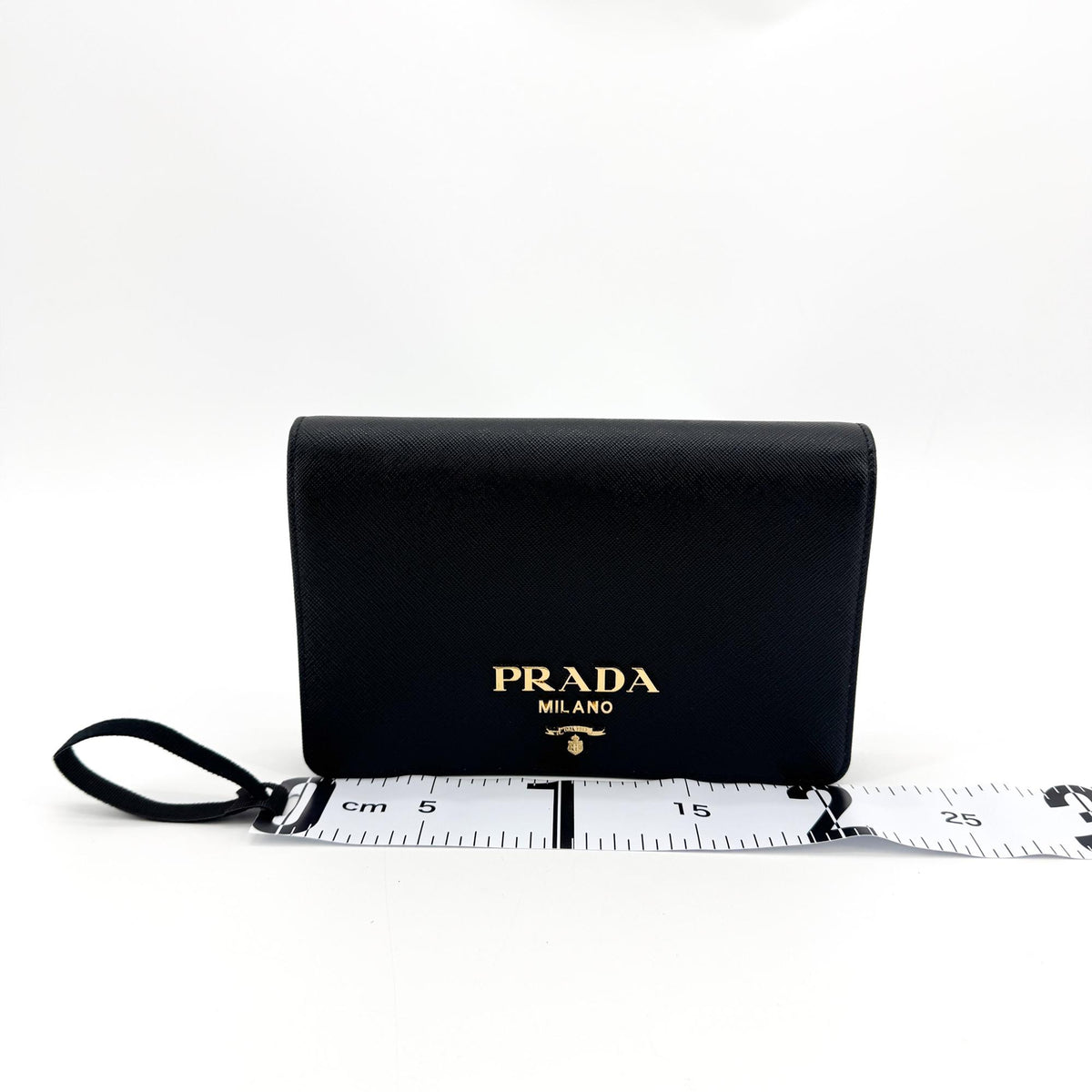 Prada Flap Card Case on Chain Saffiano Leather, Black, Leather, Card Holder