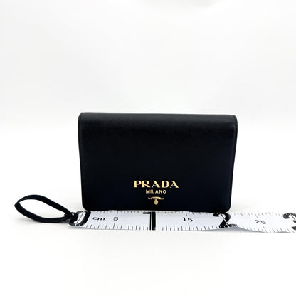 Prada Flap Card Case on Chain Saffiano Leather, Black, Leather, Card Holder