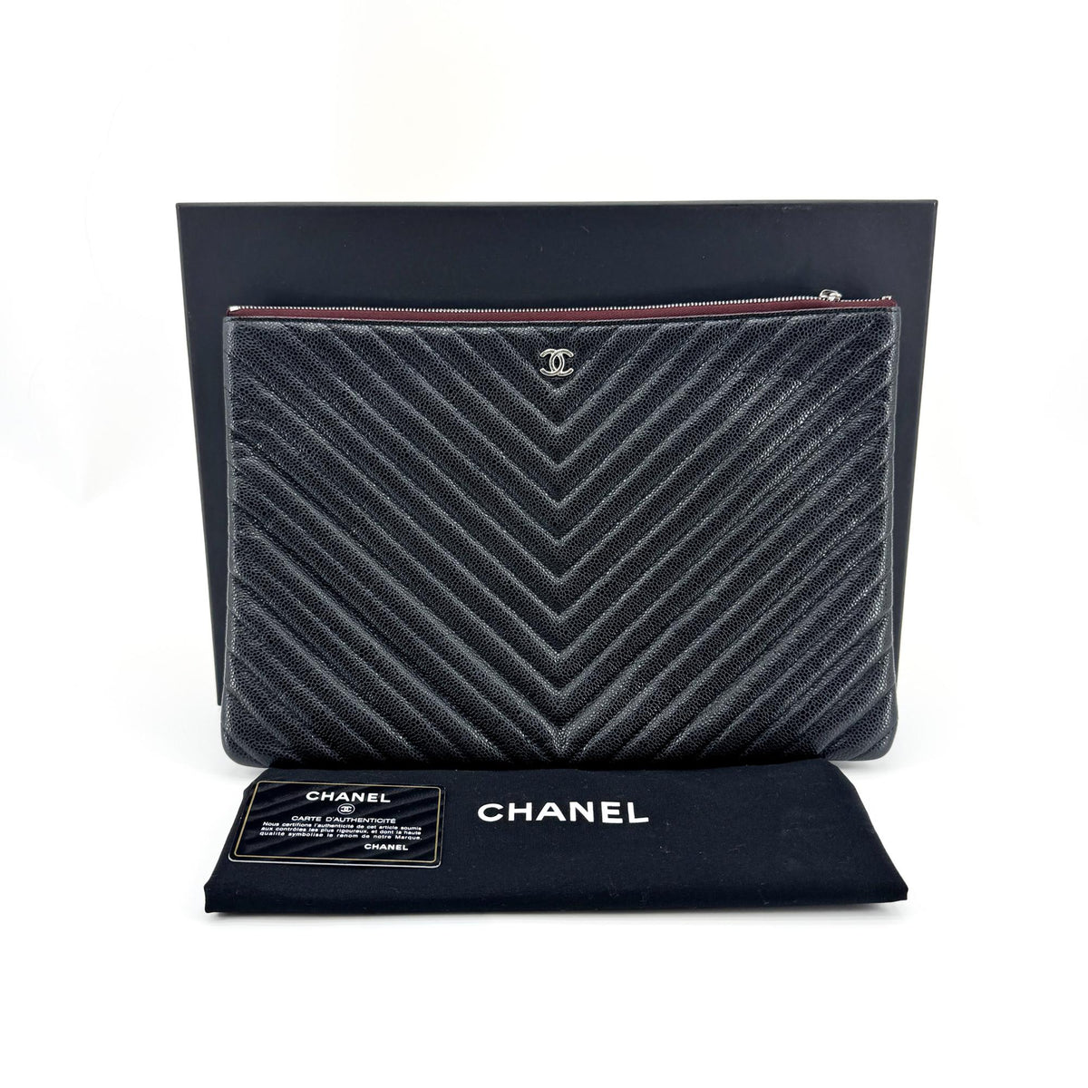 Chanel Charm O Case Chevron Lambskin, Black, Leather, Clutch