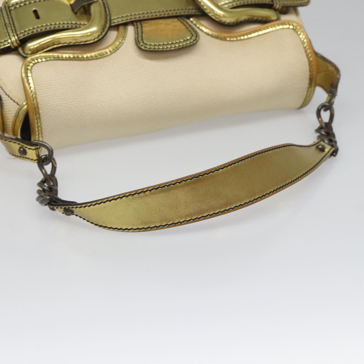 Fendi Chain Baguette Patent, Beige, Canvas, Shoulder Bag