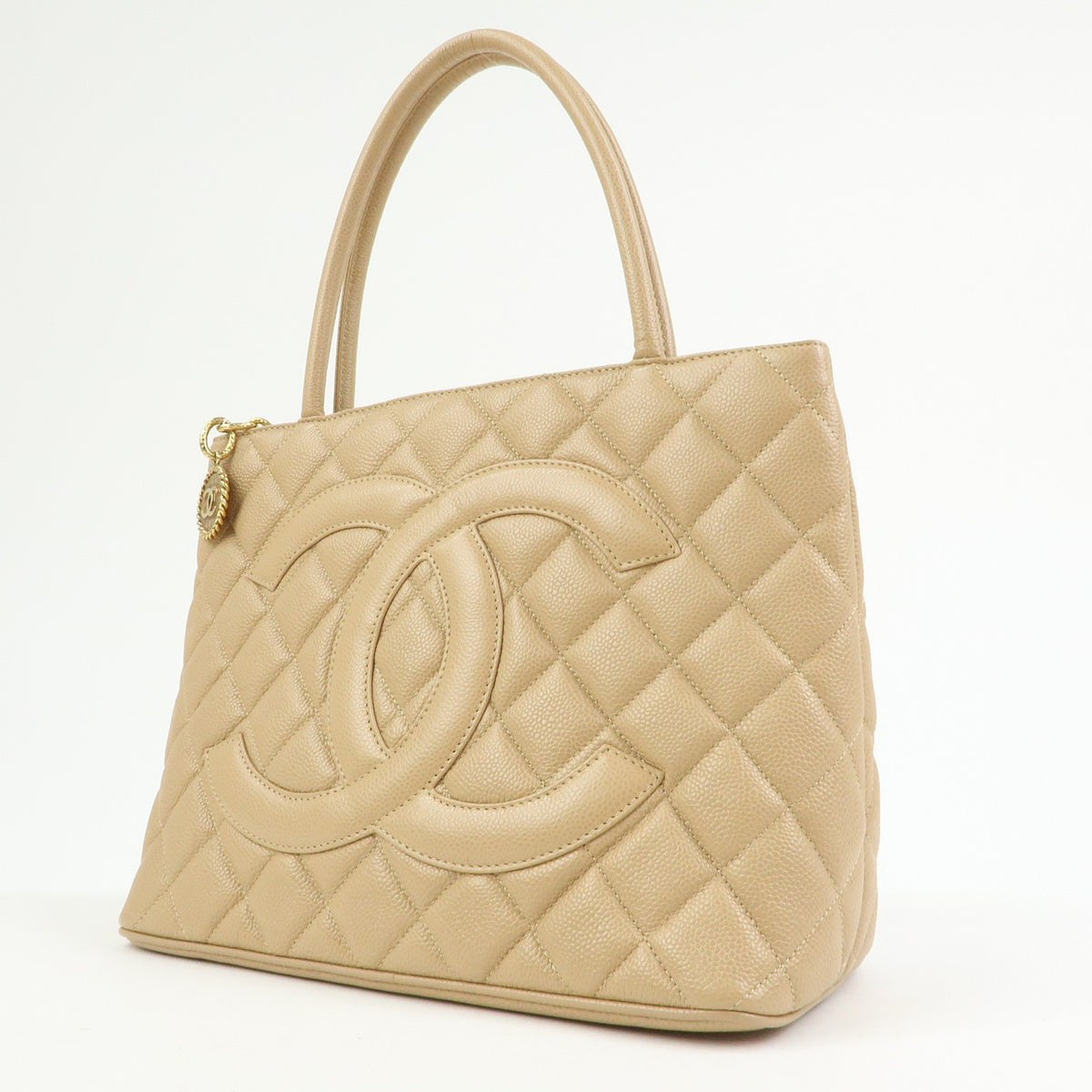 Chanel Medallion Quilted Lambskin, Beige, Calfskin, Tote Bag