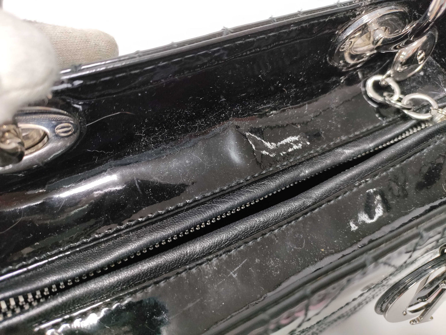 Christian Dior Lady Dior Patent, Black, Patent Leather, Handbag