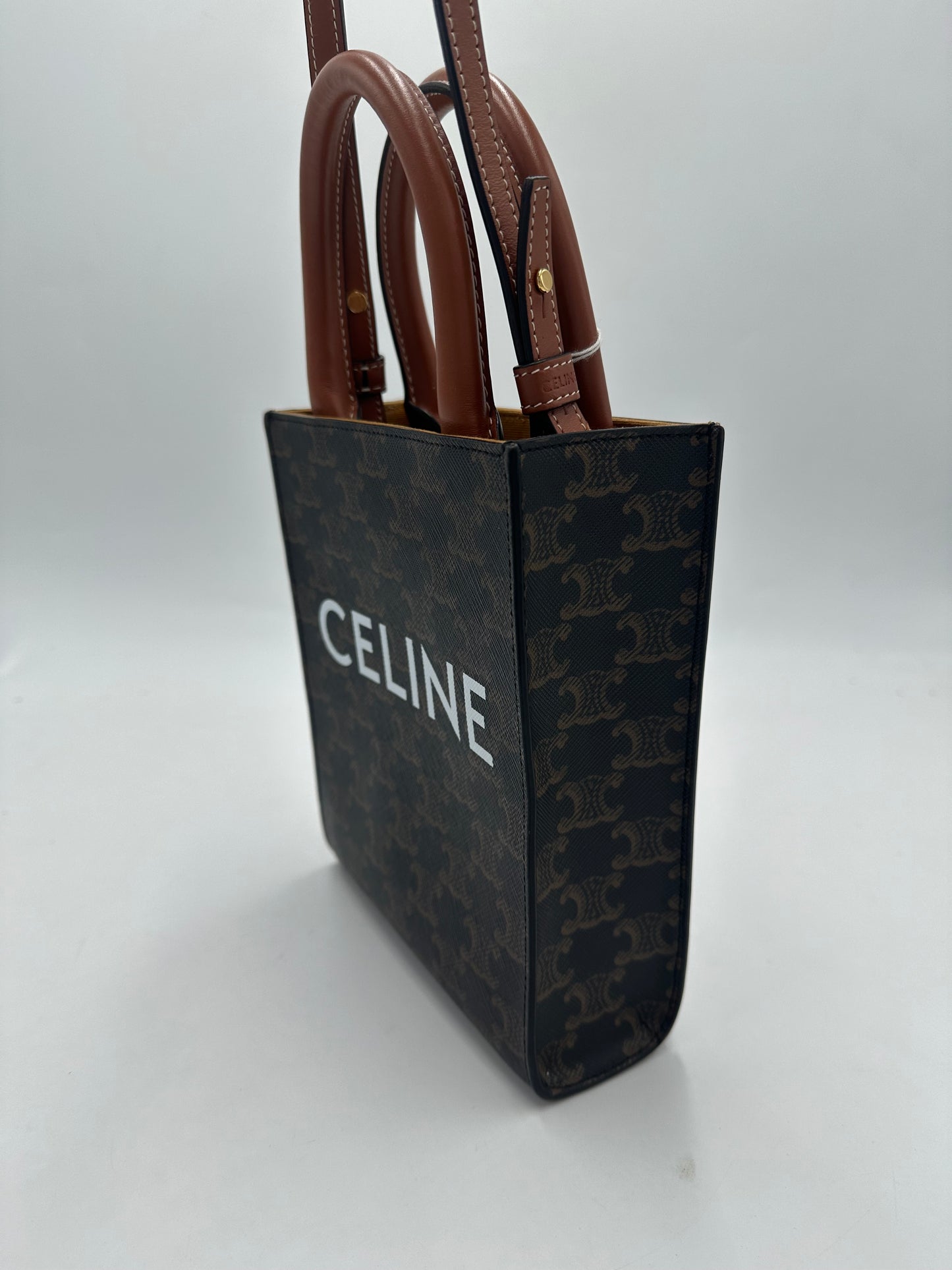Celine Sulky Vertical Cabas Tote Canvas with Leather, BROWN, LEATHER, Tote bag