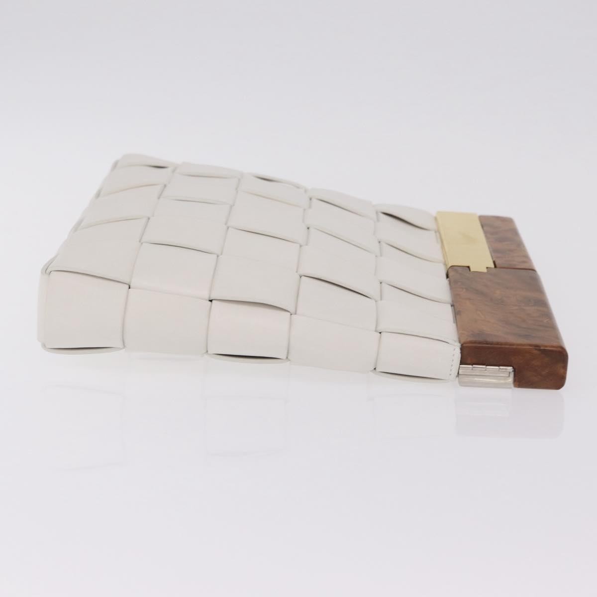 Bottega Veneta The Snap Clutch Maxi Intrecciato Leather with Wood and Metal, White, Leather, Clutch