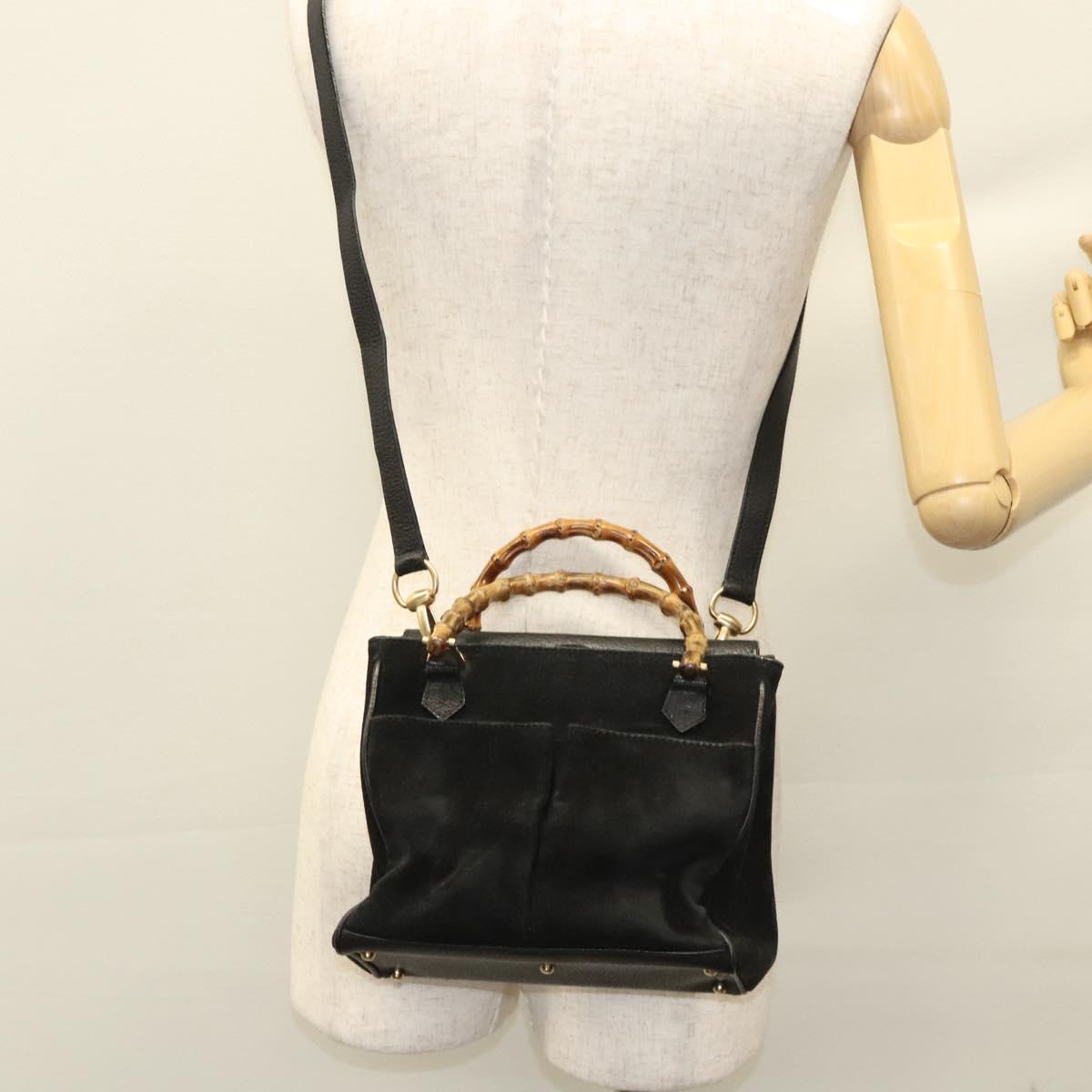 Gucci Vintage Bamboo Front Pocket Tote Suede, BLACK, SUEDE, Handbag